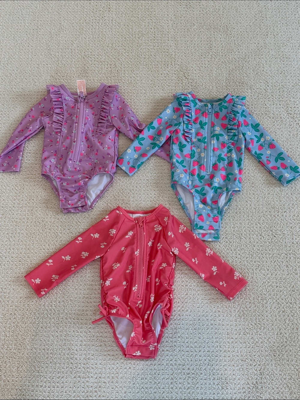 3 Cat & Jack Long-Sleeve One-Piece Swimsuit Bundle - Pink, Purple & Blue